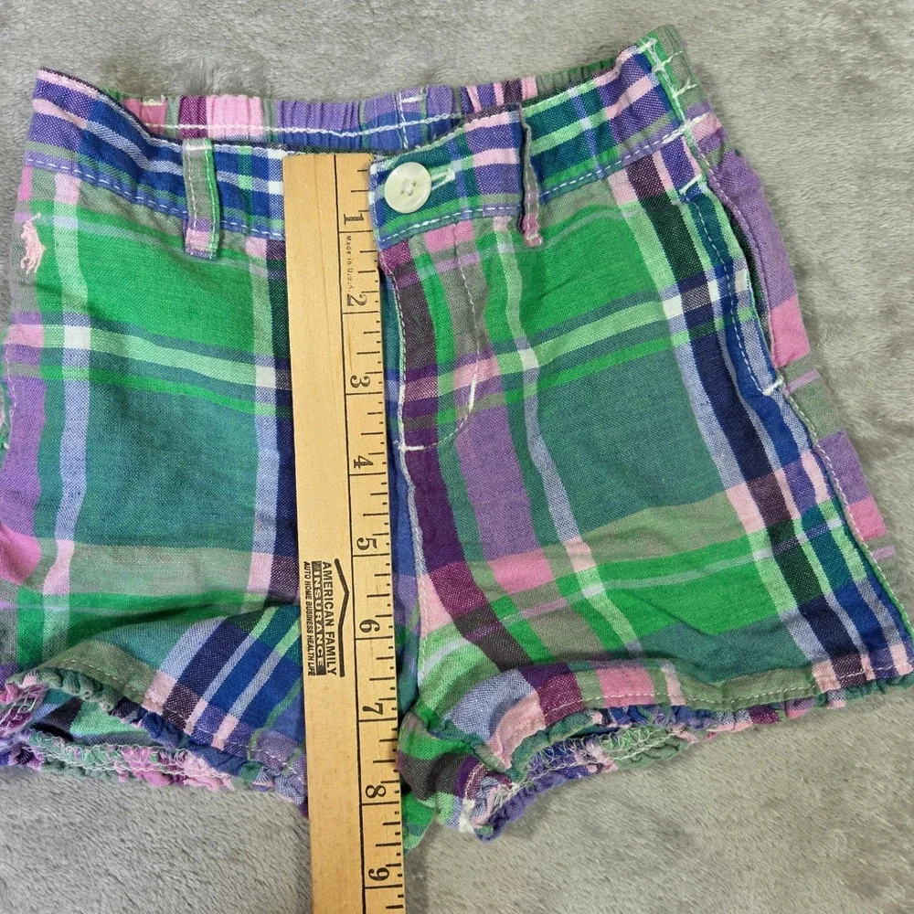 Ralph Lauren Toddler Girls 18M Madras Plaid Linen Cotton Ruffle Shorts Green